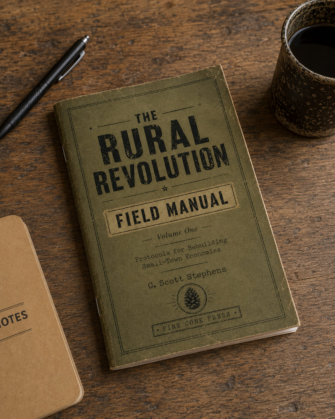 The Rural Revolution manual on a worn desk with working notes