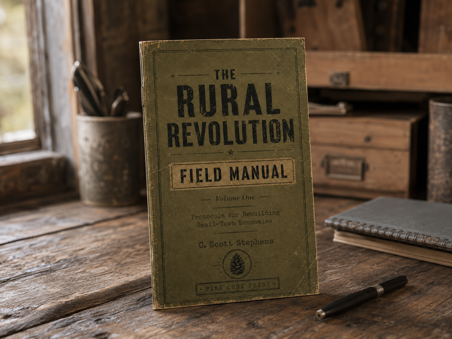 The Rural Revolution saddle-stitched field manual standing on a rustic working surface