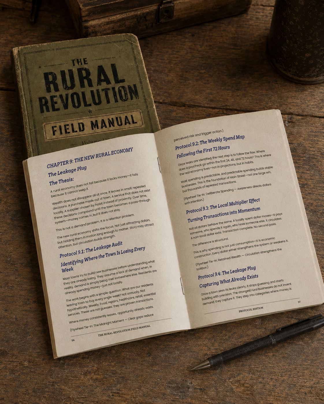 Open Rural Revolution field manual showing a saddle-stitched center and working pages